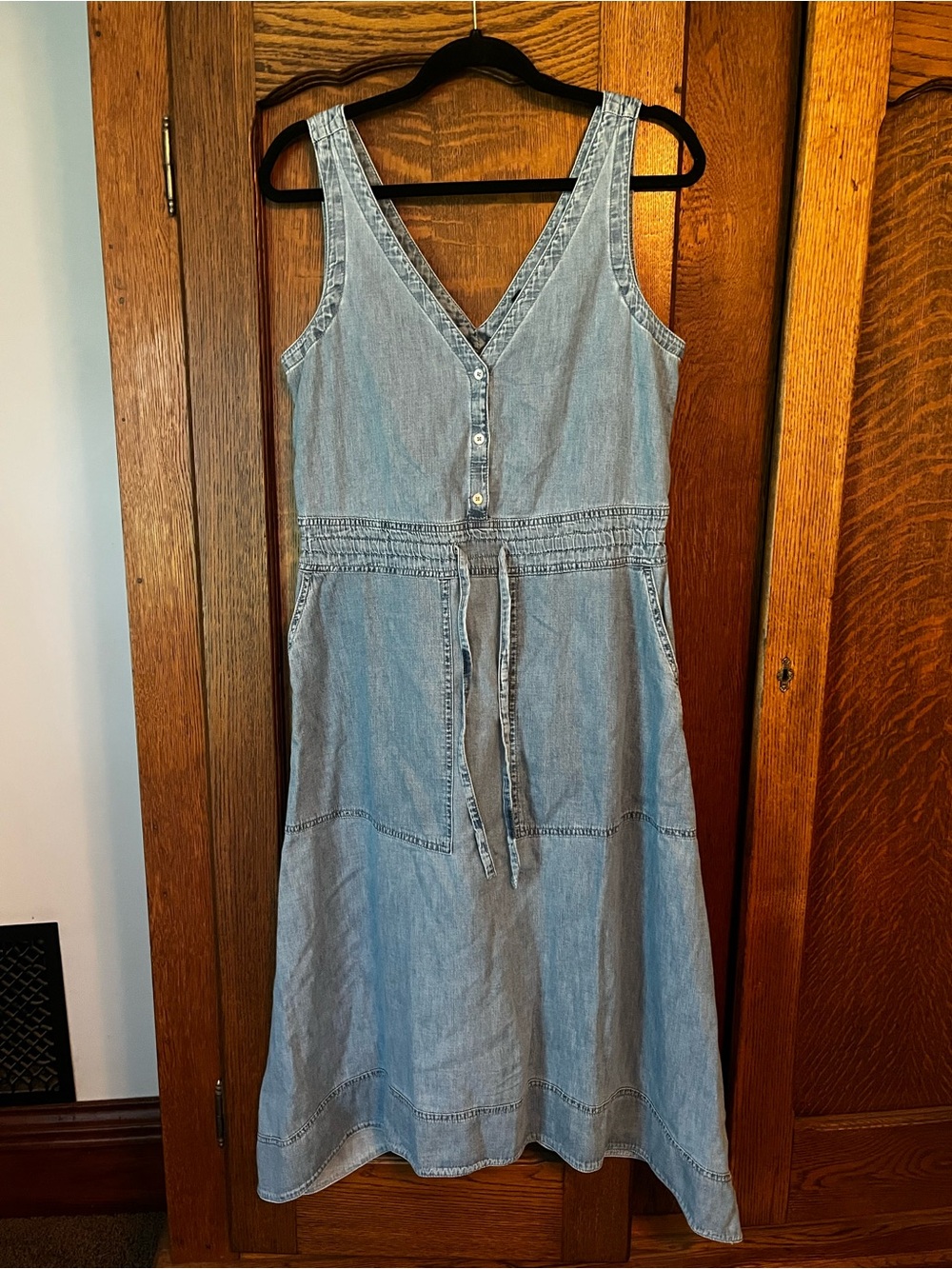 GAP Light Blue Denim Midi Dress with Tie Waist